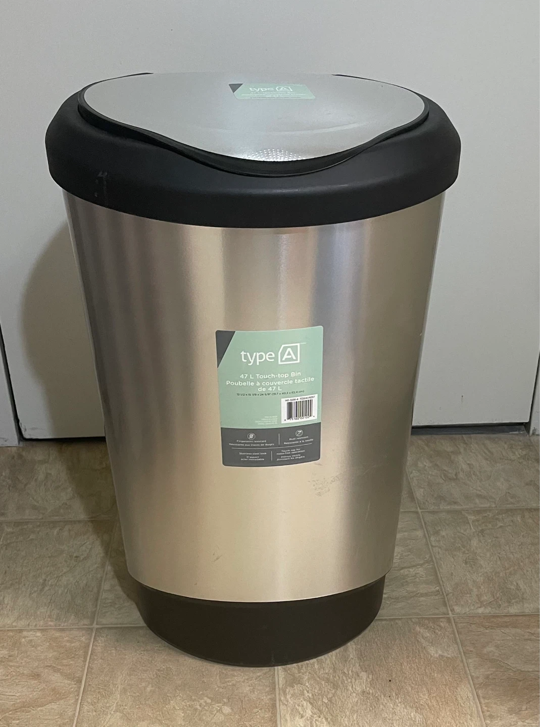 🌱 Brand New Type A Plastic 47L Touch-Top Trash Bin - Silver