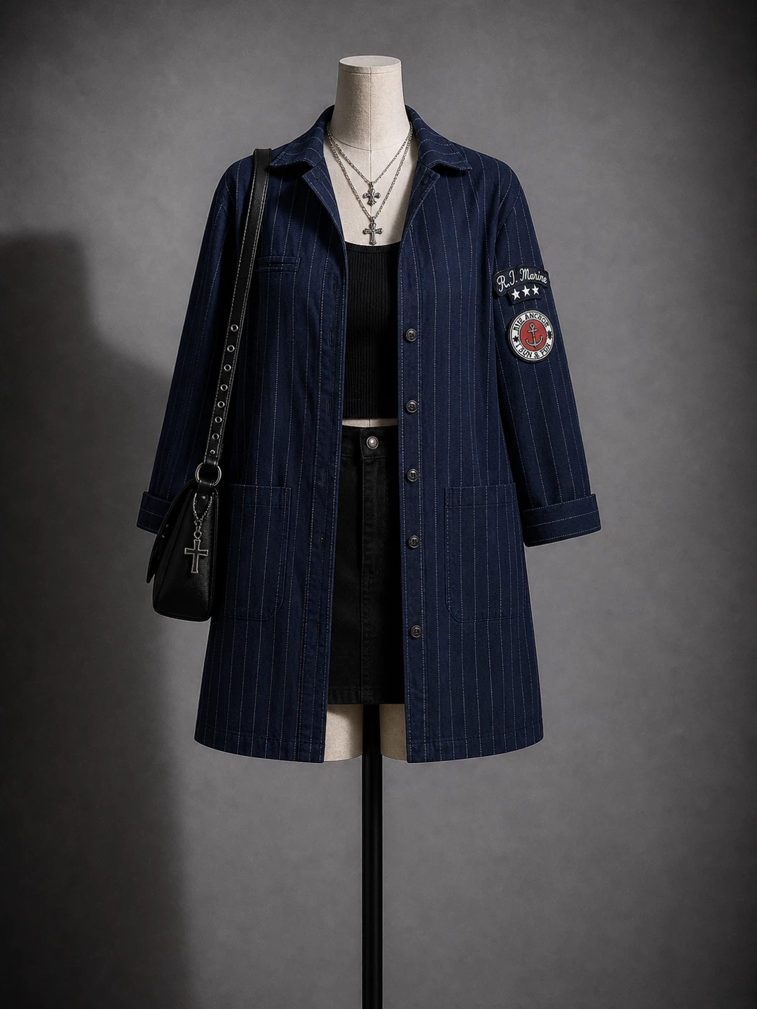 Zara Navy Pinstripe Coat with Sleeve Patch