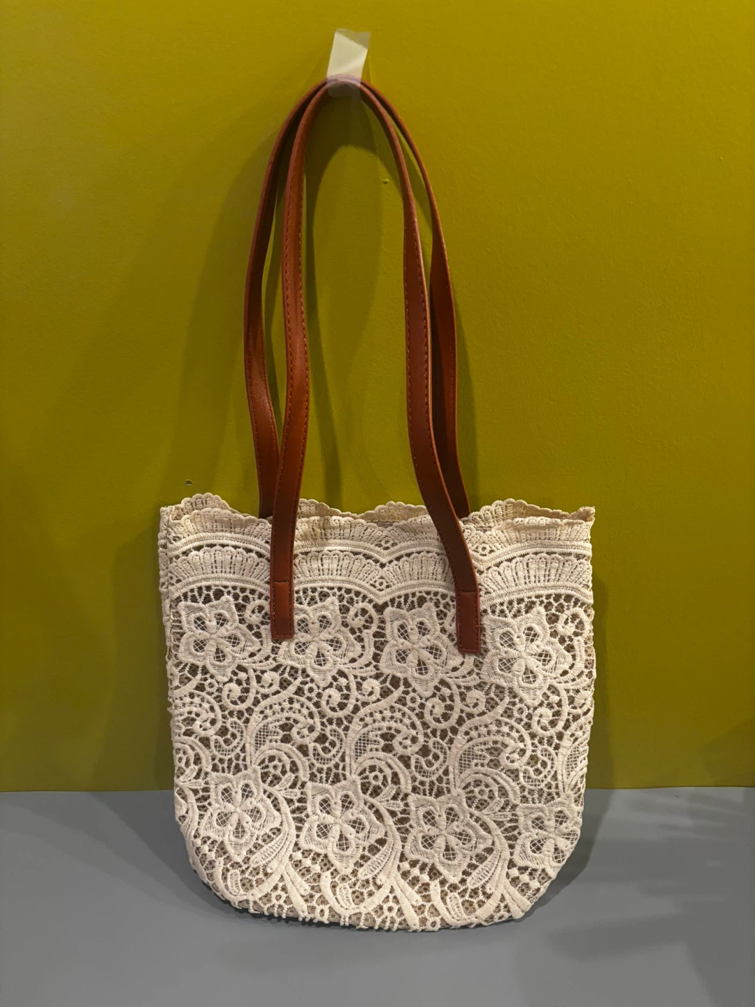 0426Cream Lace Tote Bag with Brown Faux Leather Straps