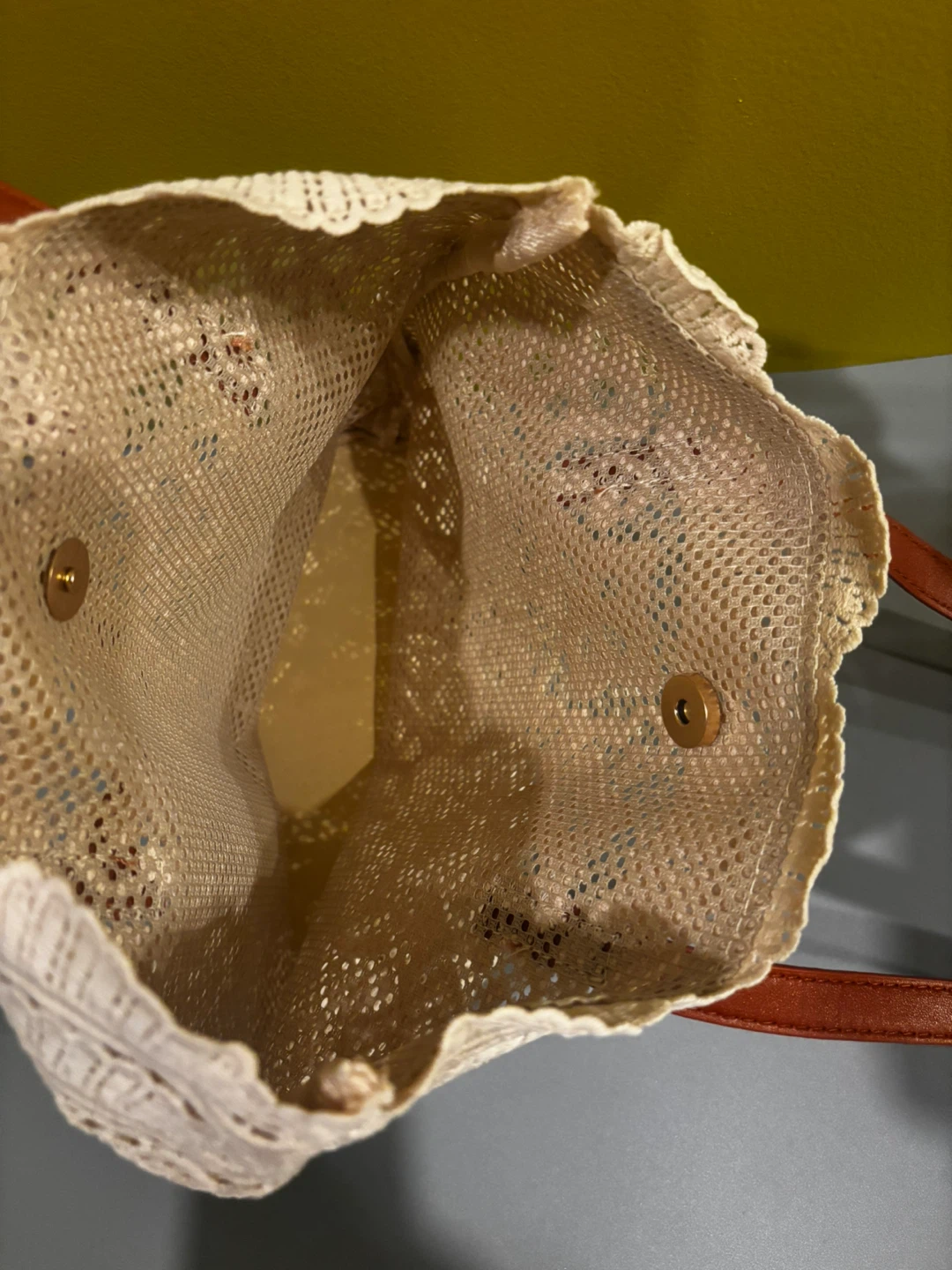 0426Cream Lace Tote Bag with Brown Faux Leather Straps - photo 4