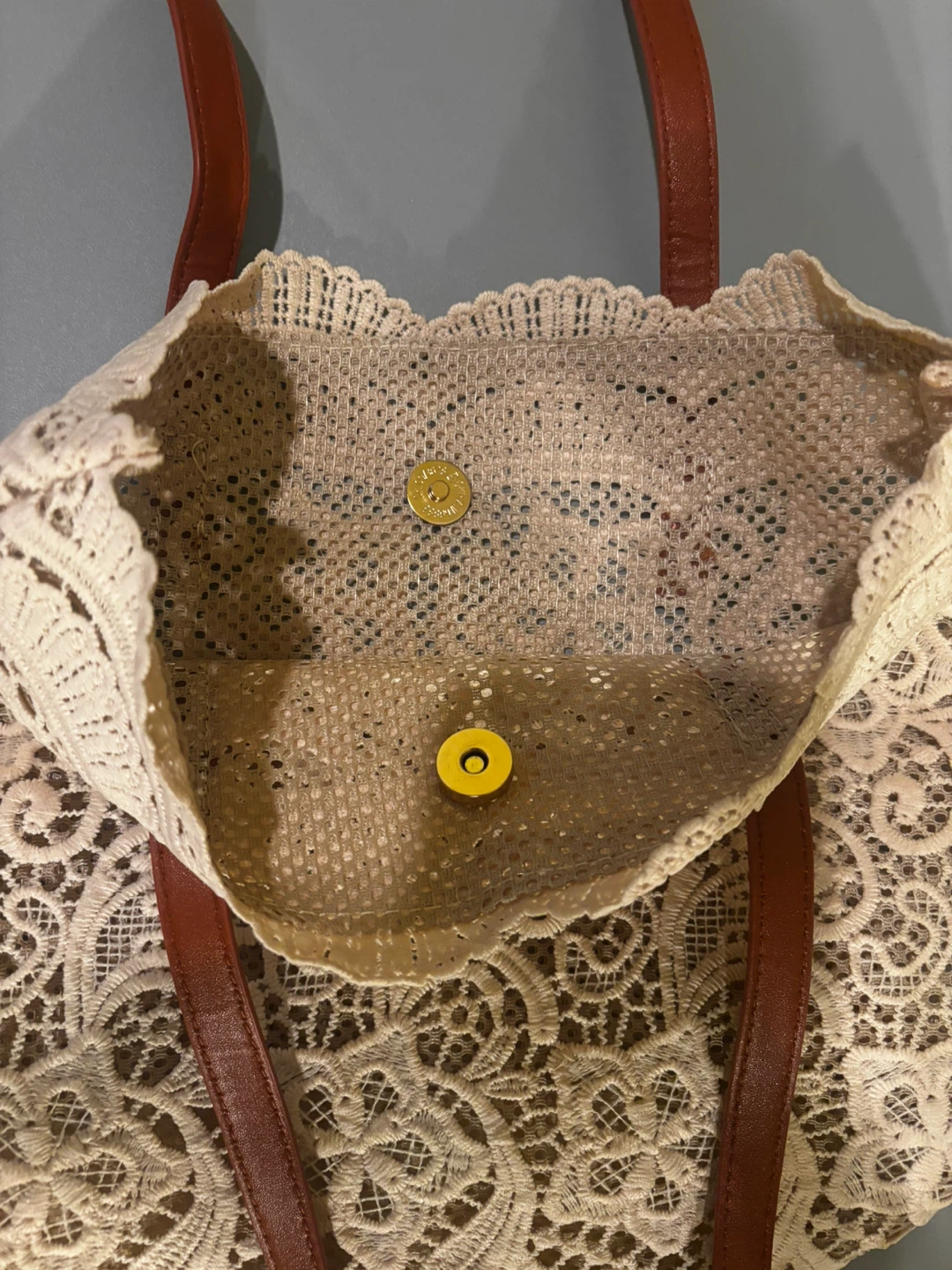 0426Cream Lace Tote Bag with Brown Faux Leather Straps - photo 3