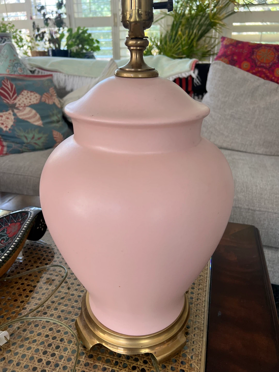 Pair of Pink Ceramic Lamps with Brass Base