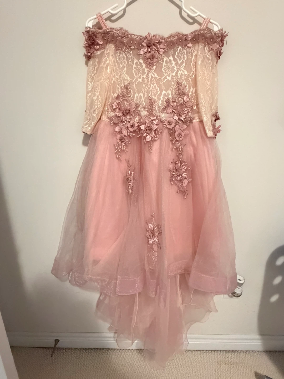 Girls Pink Lace Floral Off-the-Shoulder Dress