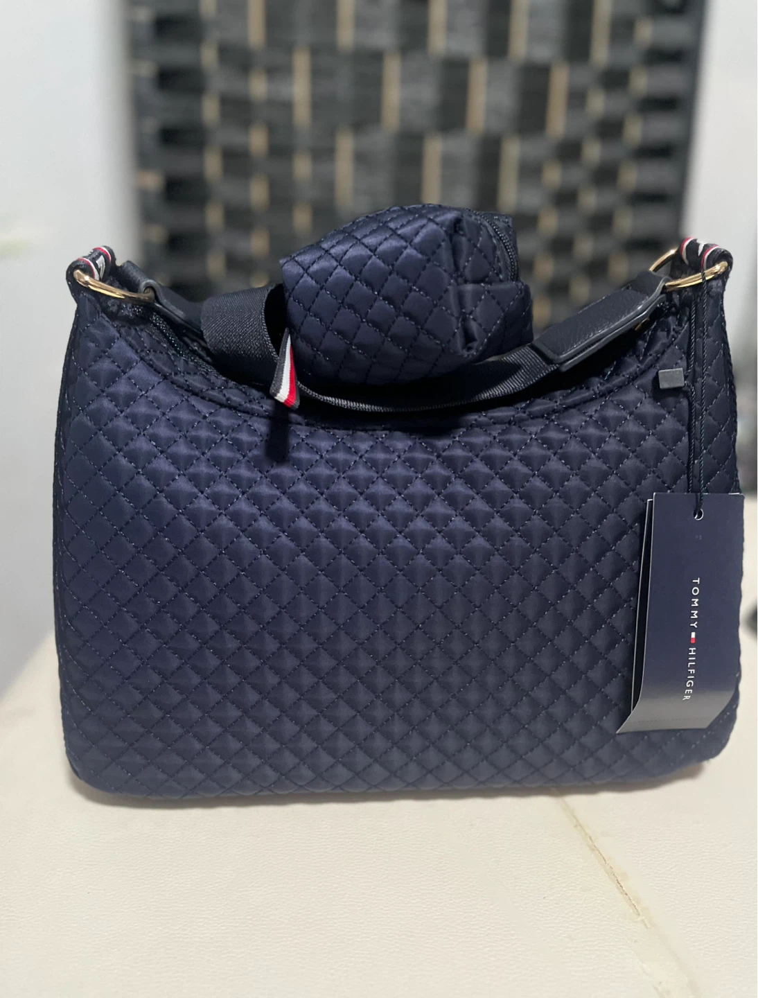 Tommy Hilfiger Quilted Navy Blue Crossbody Bag with Pouch