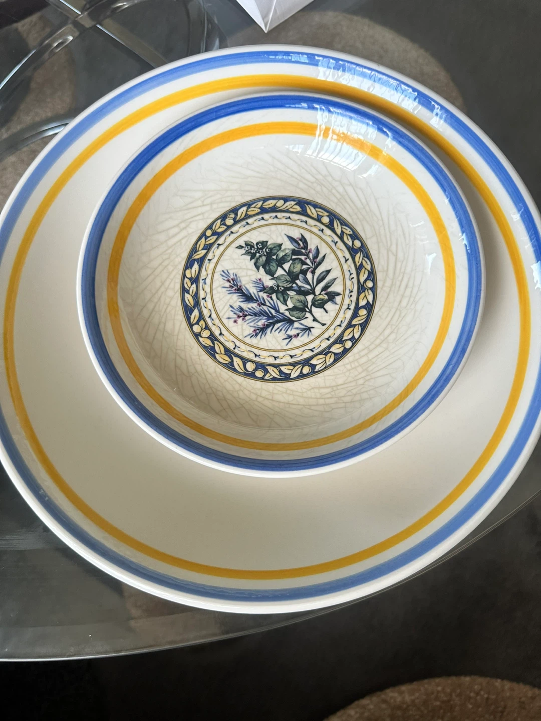 White Bowl with Blue and Yellow Stripes