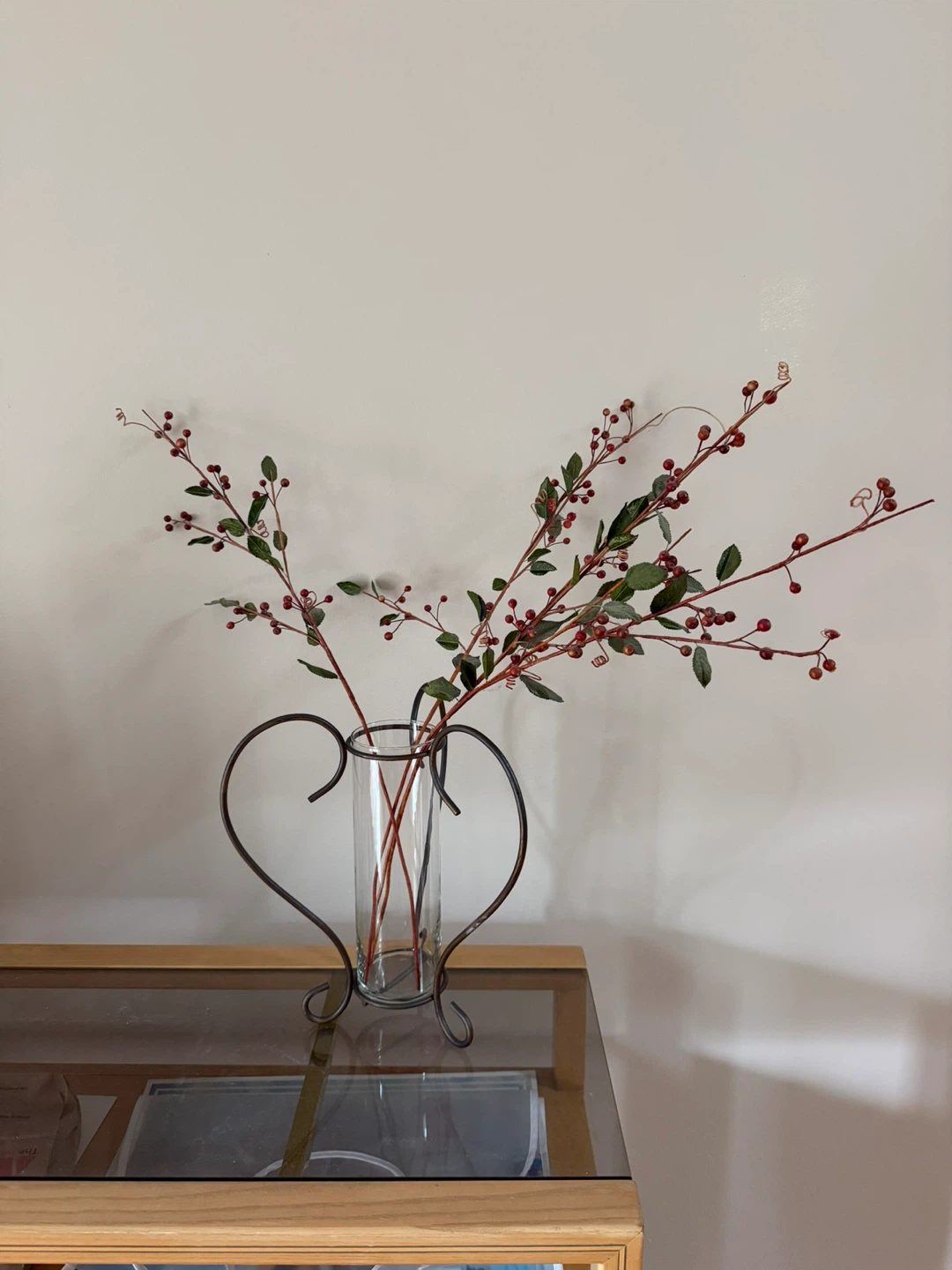 Faux Berry Branches in Glass Vase