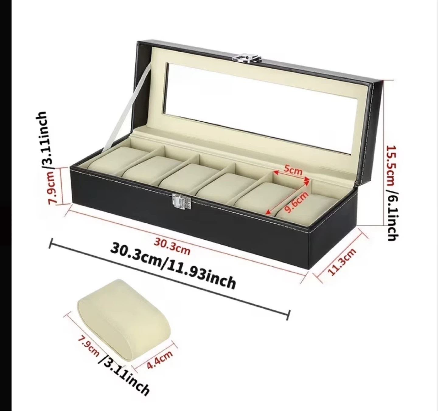 Black 6-Slot Watch Display Box with Glass Lid - photo 2
