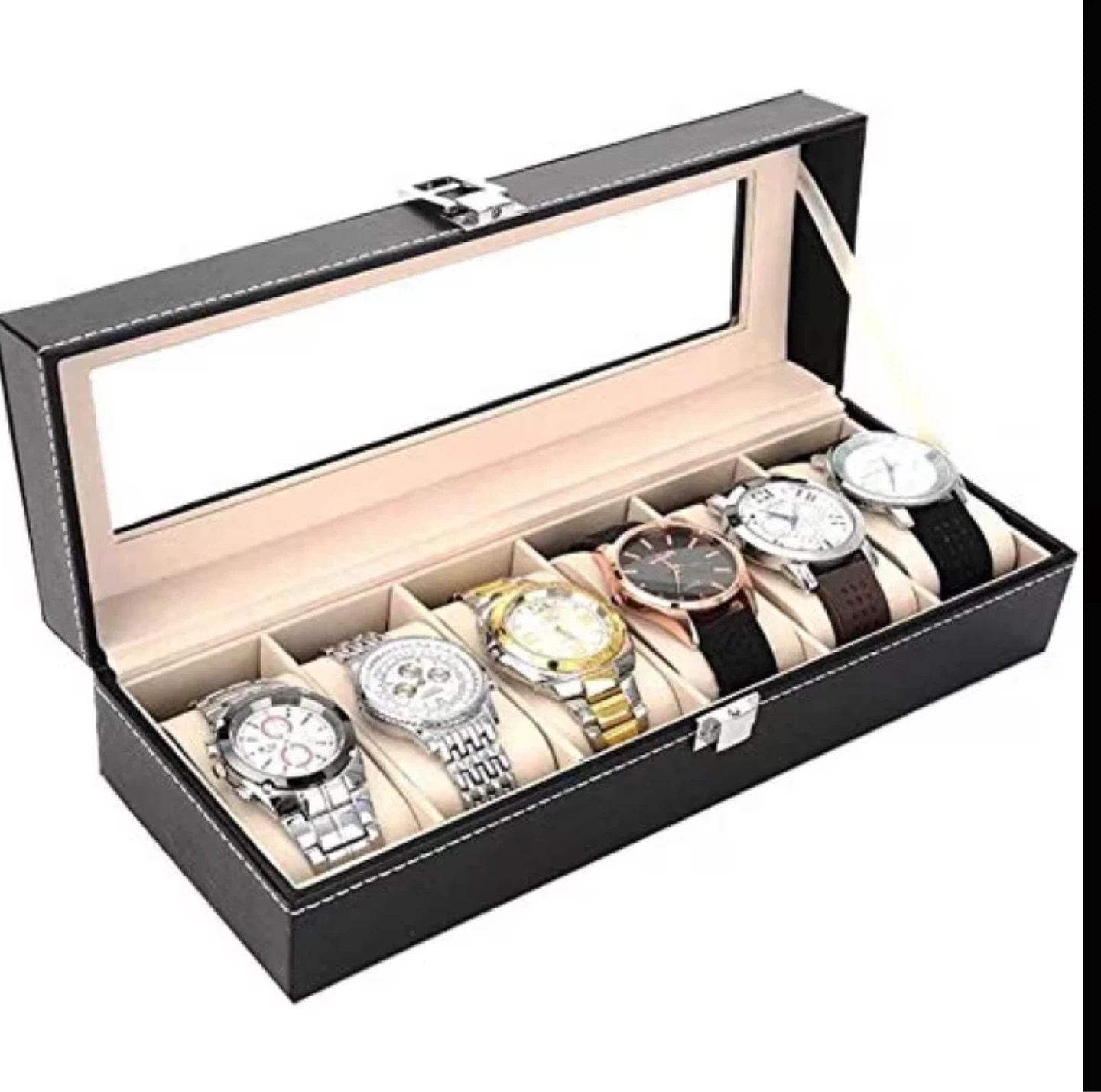 Black 6-Slot Watch Display Box with Glass Lid