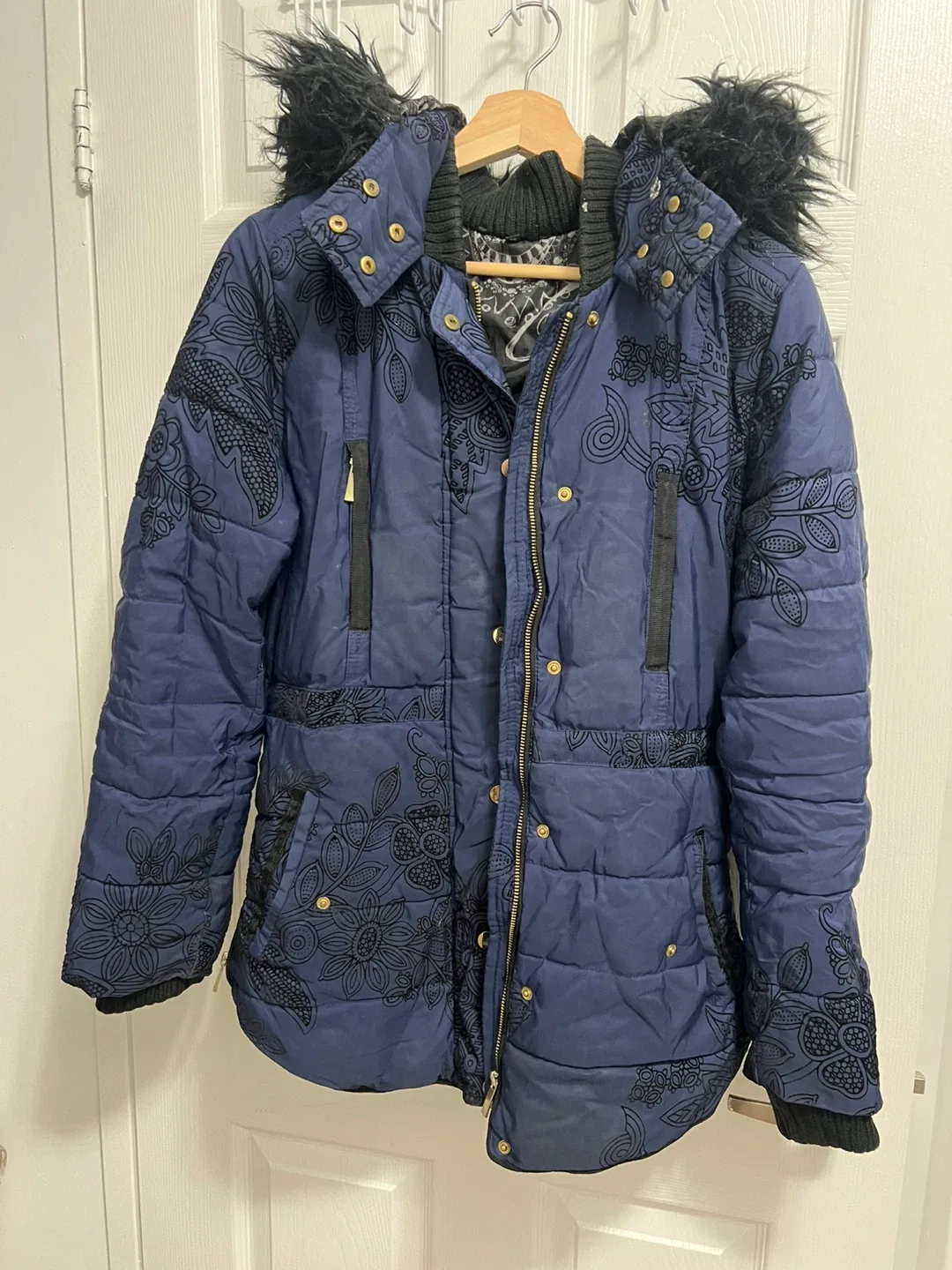 Blue Puffer Coat with Black Floral Pattern and Faux Fur Trim