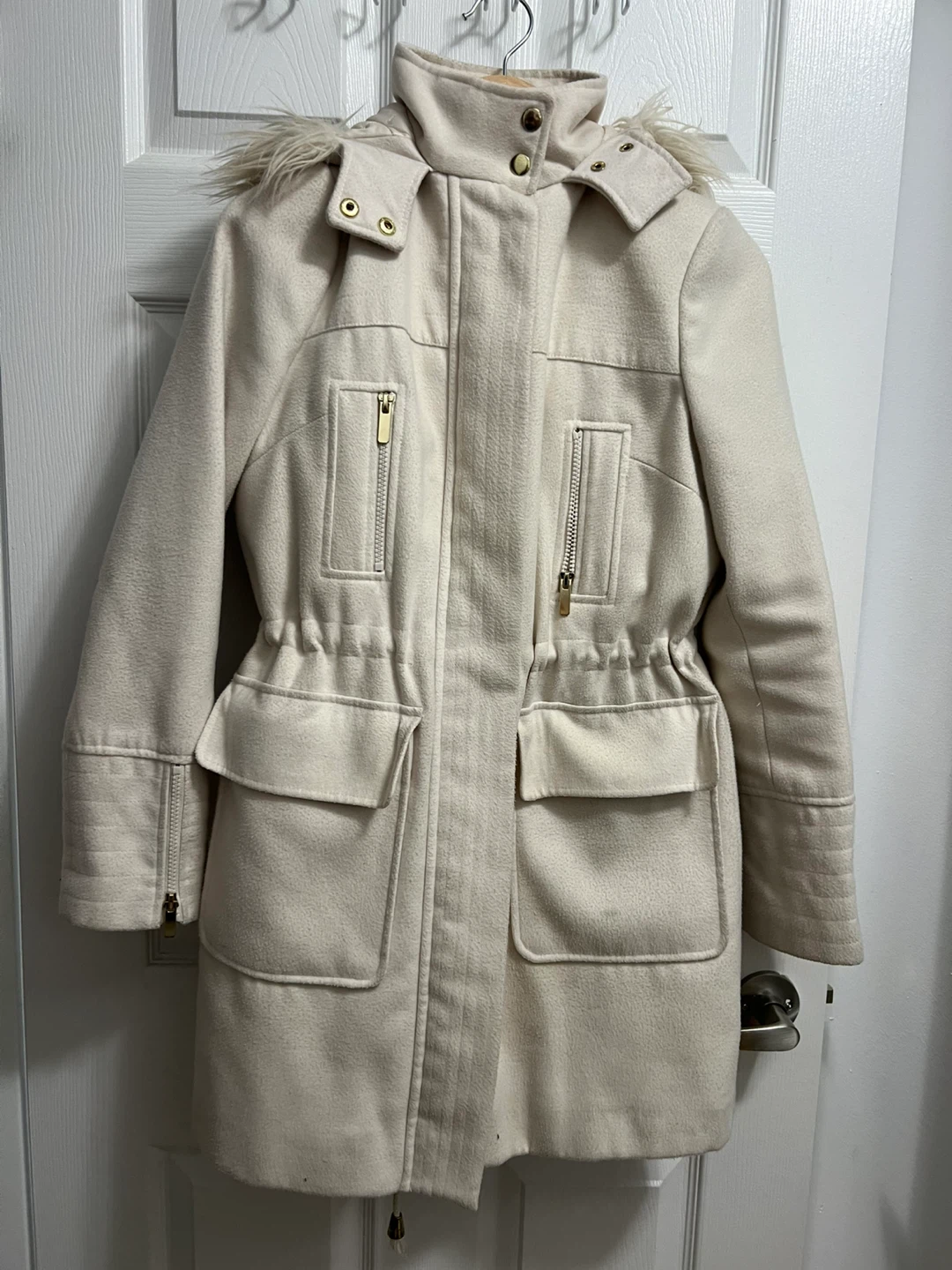 Women's Cream Parka Coat with Faux Fur Hood
