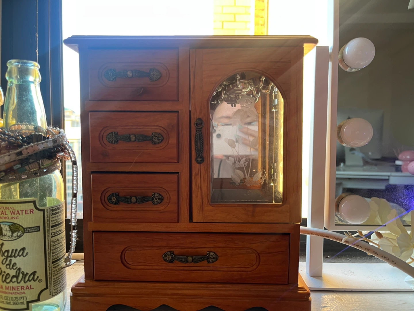 Wooden Jewelry Box with Mirror and Drawers