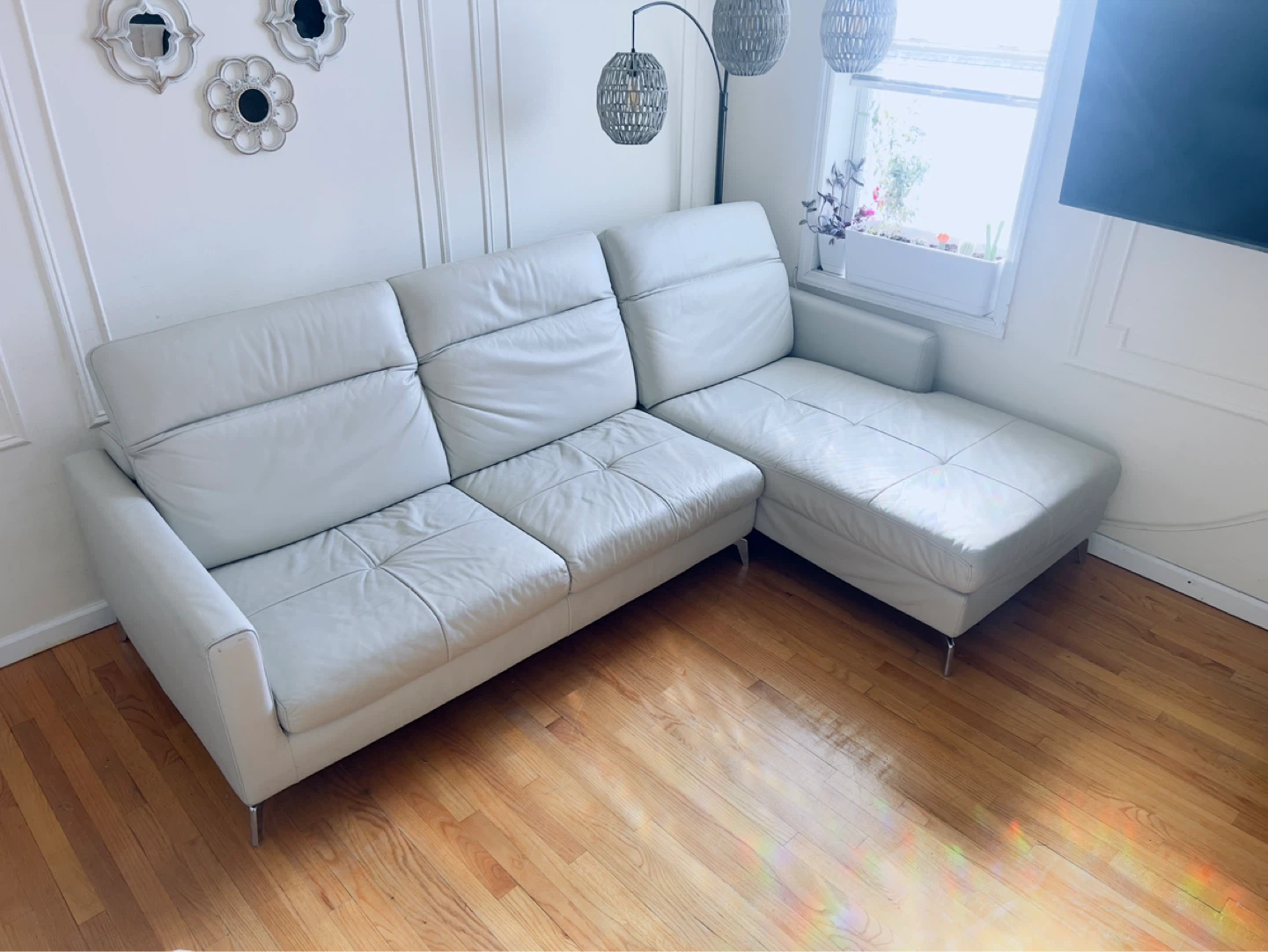 White Leather Sectional Sofa with Chaise