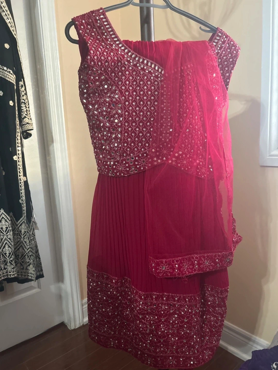 Women's Beaded Red Kurti/Lehenga Set