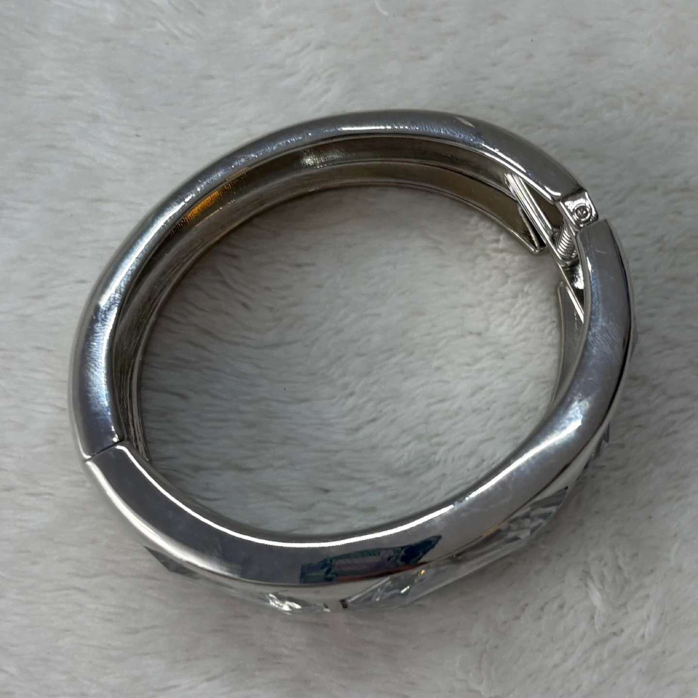 Chunky Silver Tone Hinged Bangle Bracelet Clear Stone Statement - photo 4