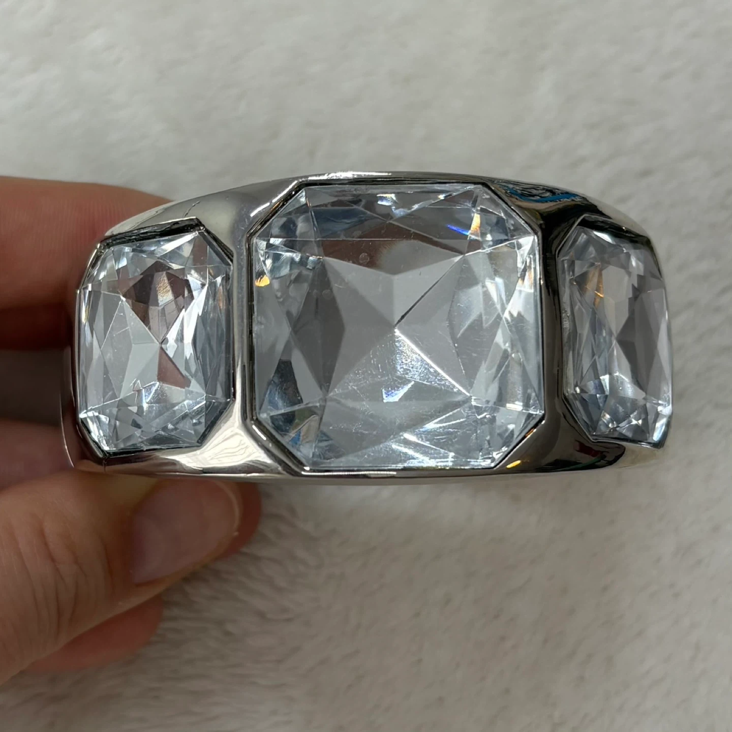 Chunky Silver Tone Hinged Bangle Bracelet Clear Stone Statement - photo 2