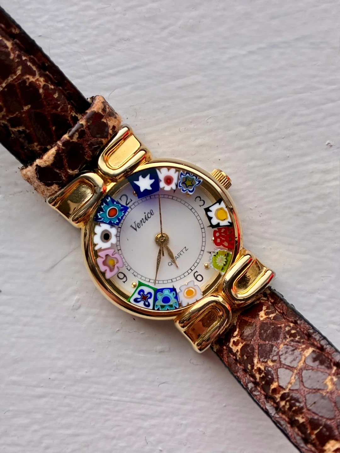 Venice Quartz Watch with Floral Design and Genuine Leather Strap