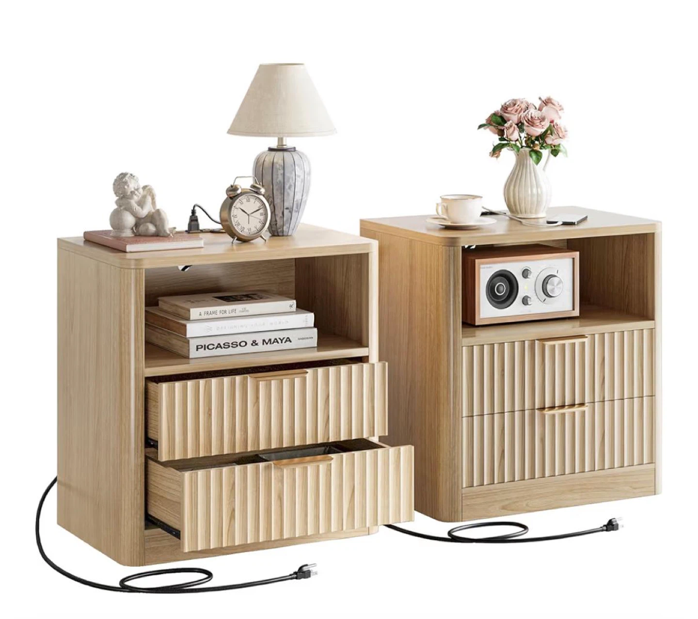 Modern Wood Nightstand with Fluted Drawers