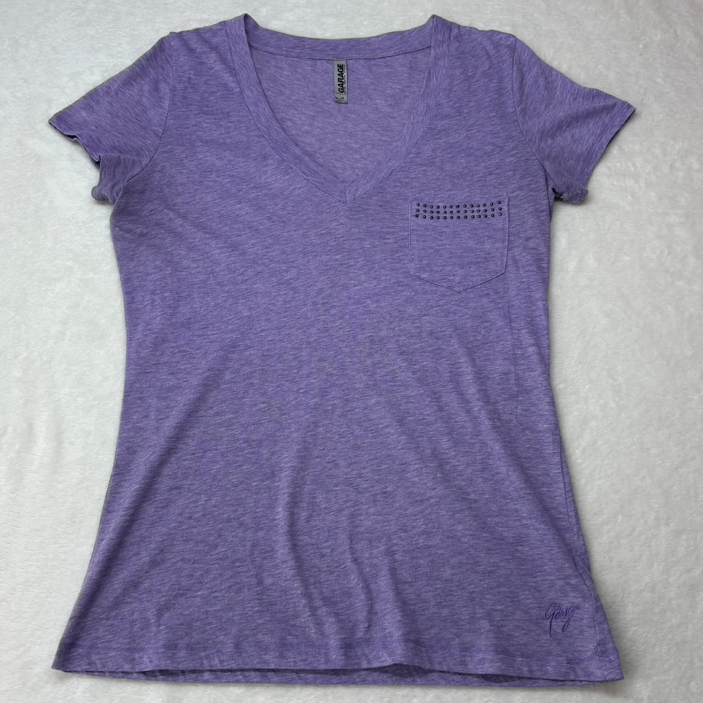 Garage Purple V Neck T Shirt Embellished Pocket Tee Size Small - photo 2