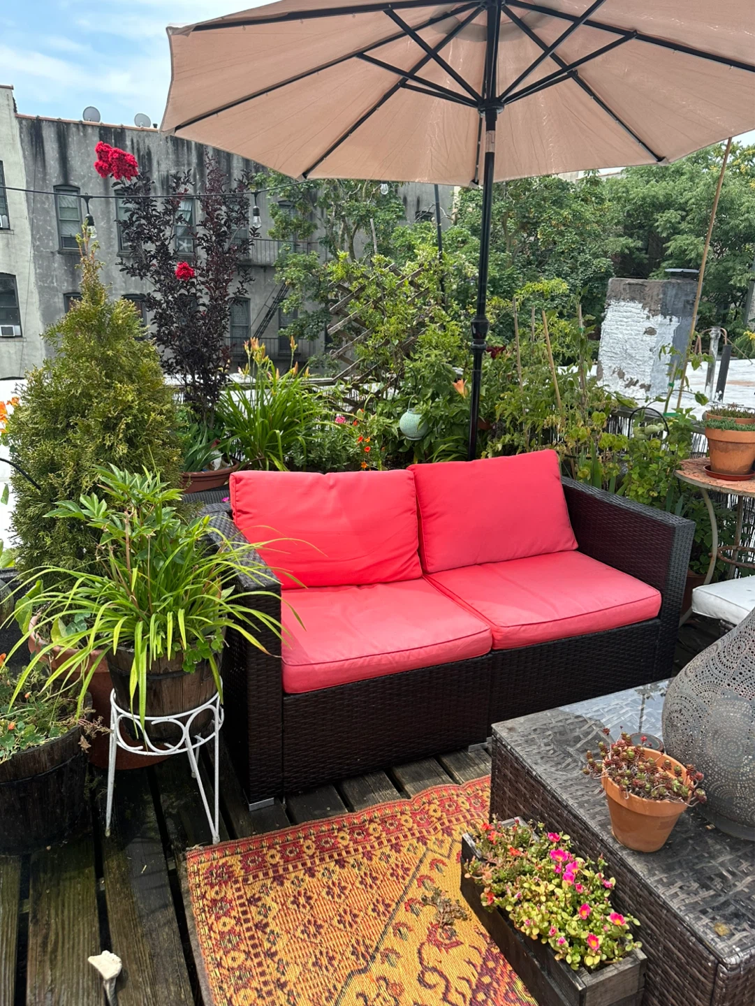 Red Wicker Patio Loveseat with Cushions - photo 2