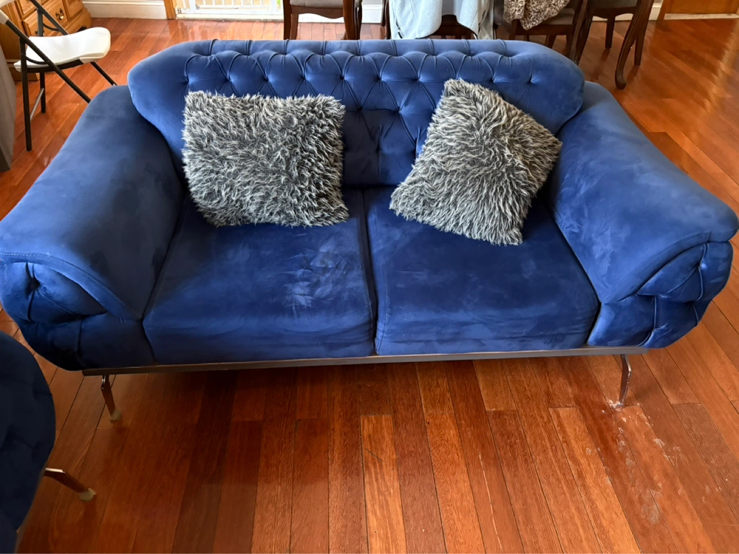 Blue Velvet Tufted Sofa with Silver Legs