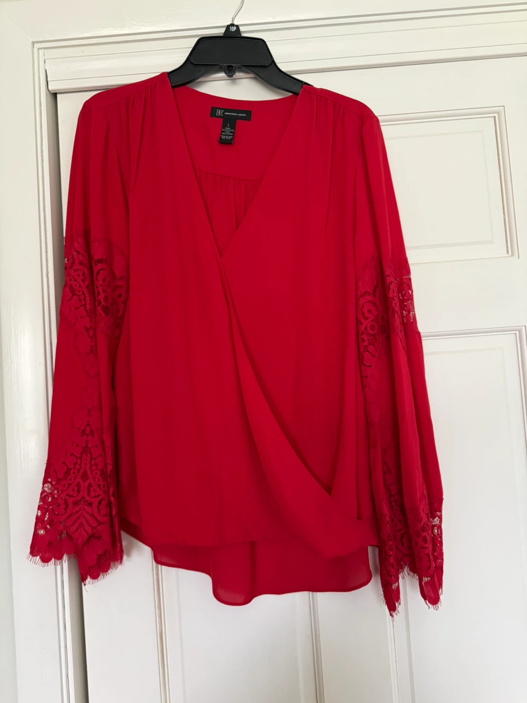 INC International Concepts Red Lace Sleeve V-Neck Blouse