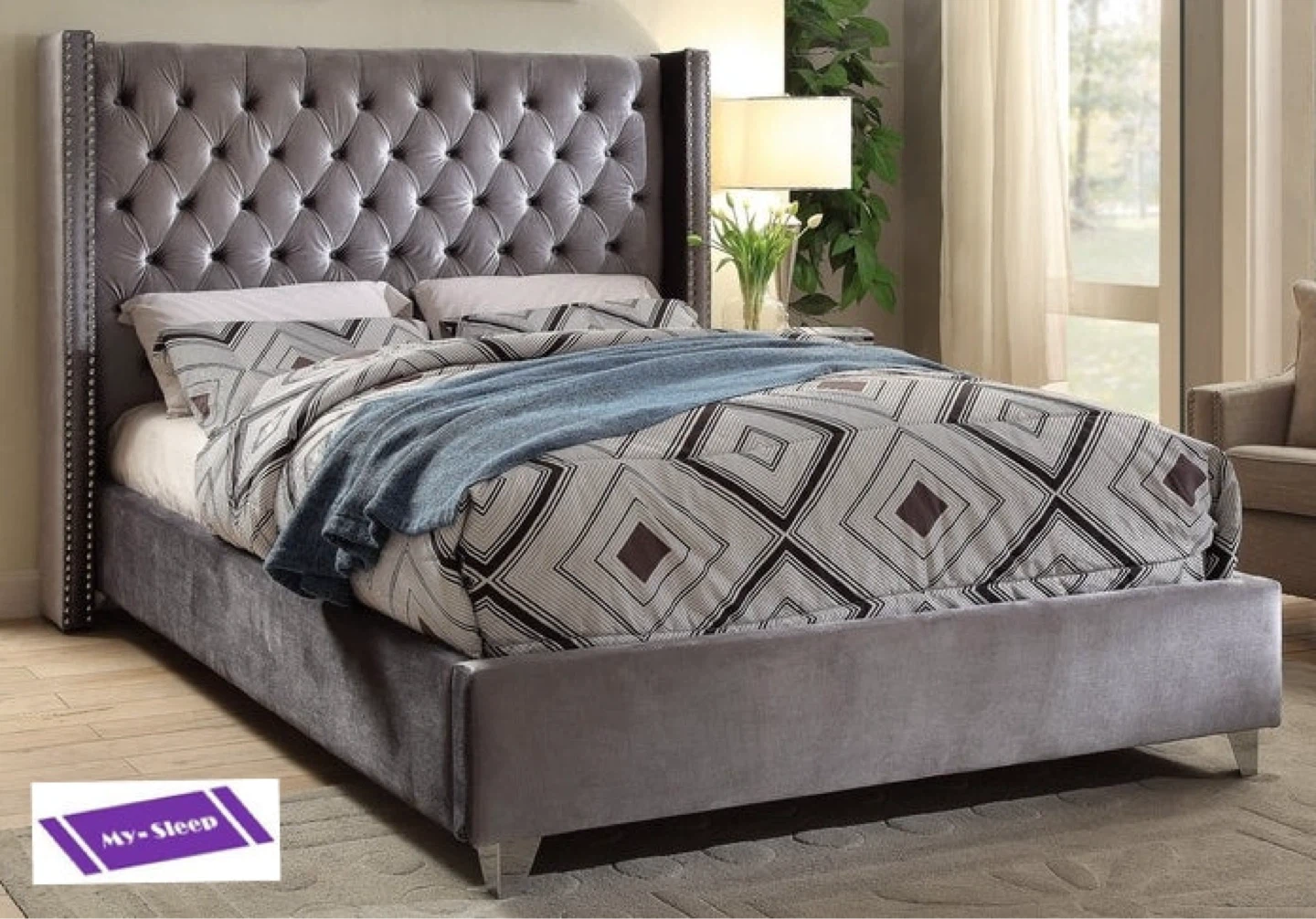 Moving out sale.. Grey Velvet king size with 10’ mattress - photo 2
