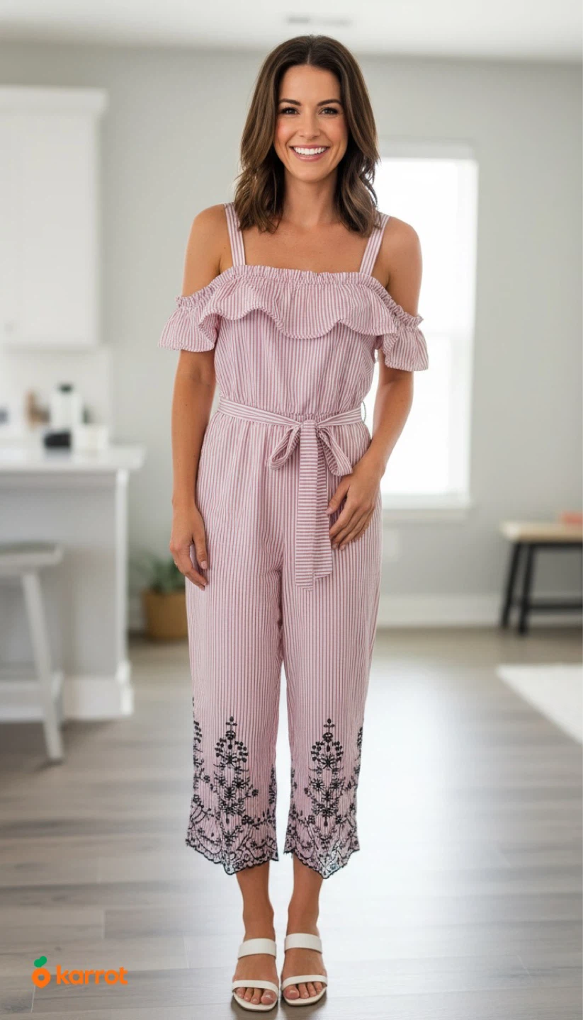 J.O.A. Striped Jumpsuit XS Pink White
