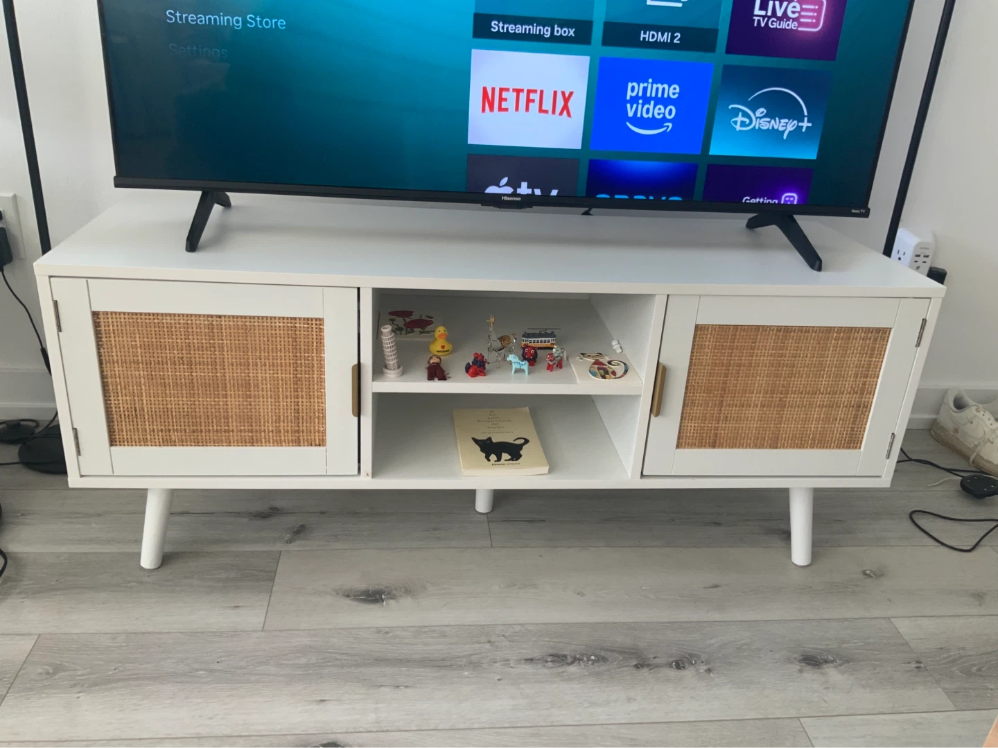 White Media Console with Rattan Doors
