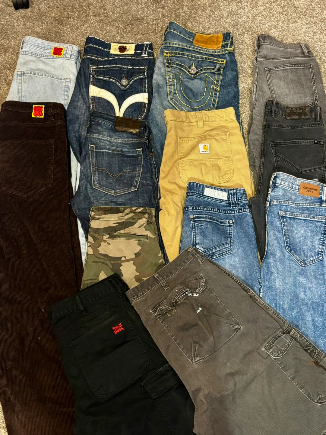 $5 baggy jeans, and carhartt overalls