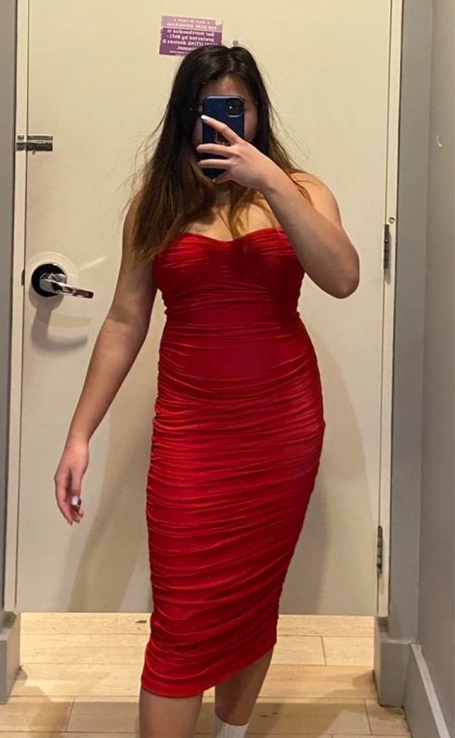 Red Ruched Bodycon Midi Dress