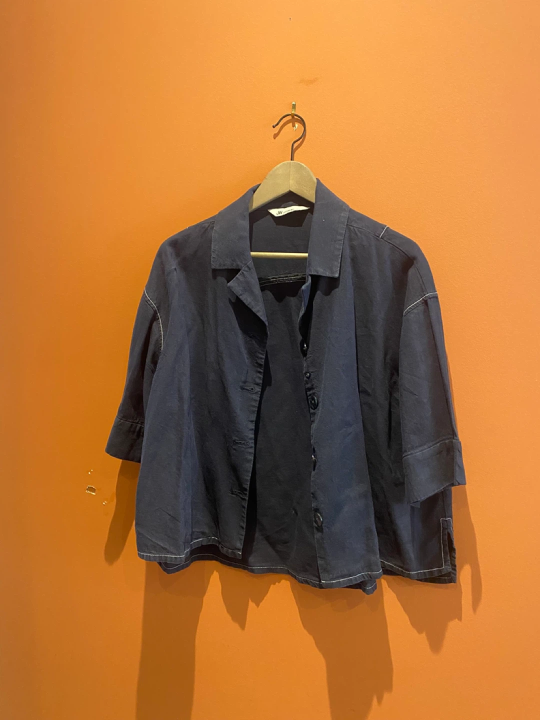 Navy Blue Cropped Linen Blend Button-Up Shirt