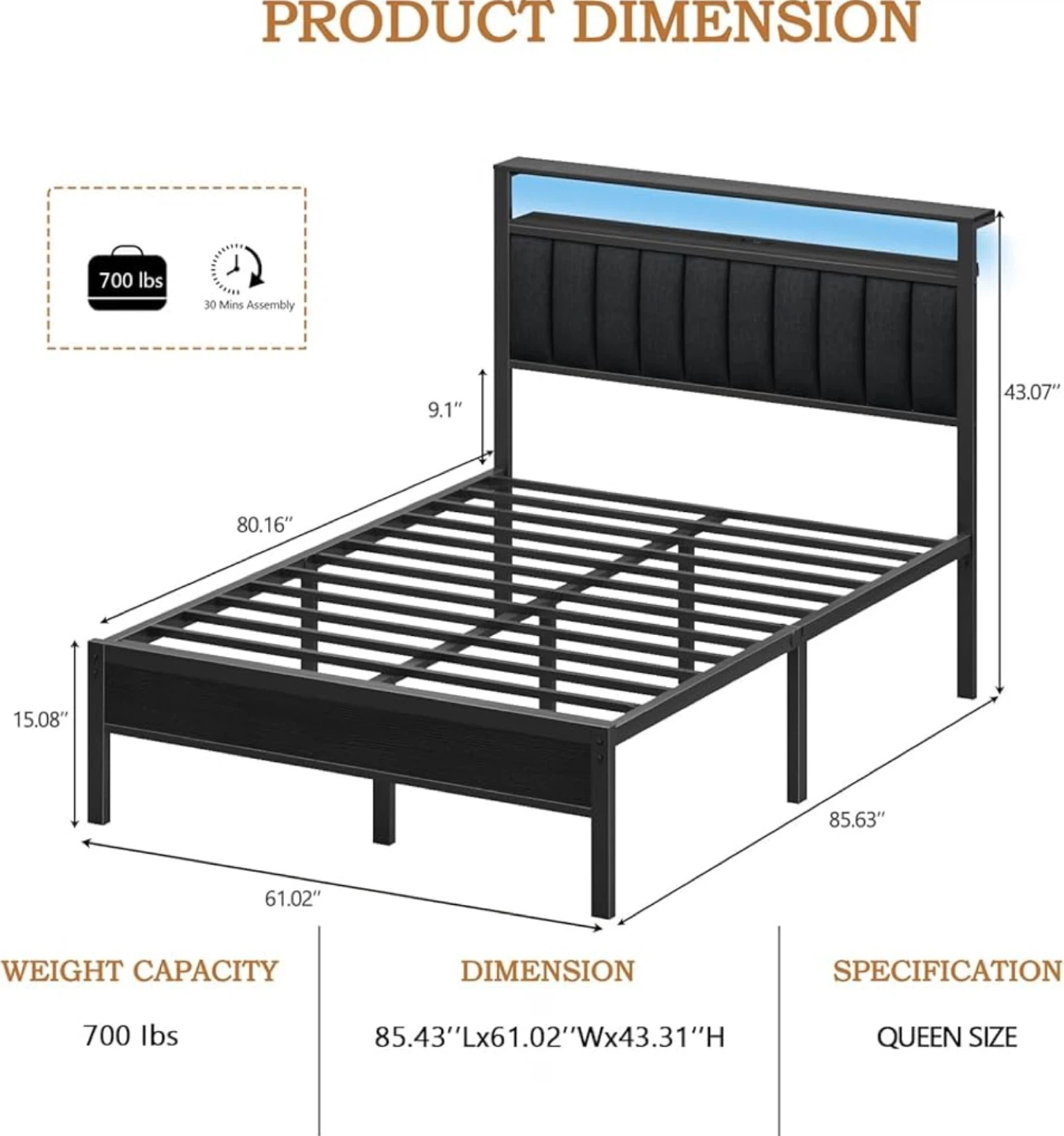 Queen/Twin Size Bed Frame with Headboard - photo 5