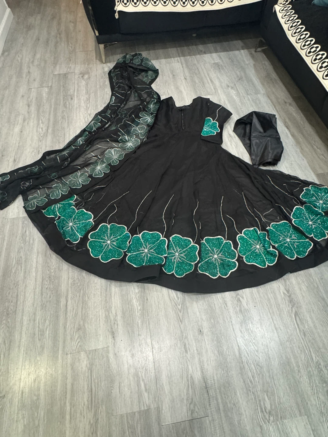 Black Anarkali Dress with Green Floral Embroidery