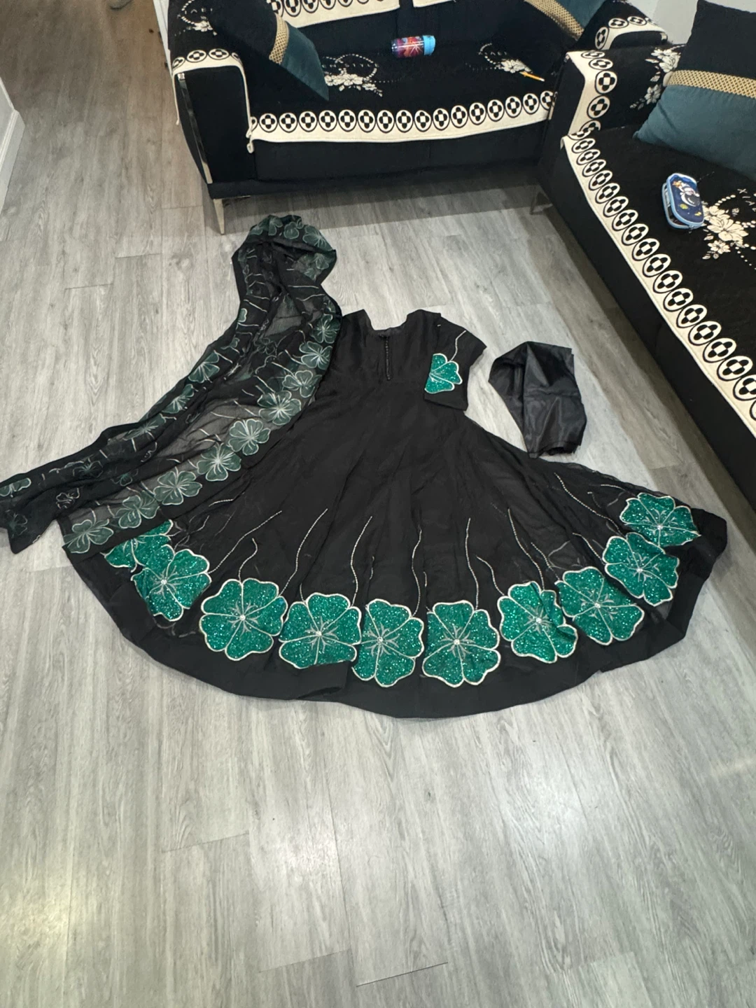 Black Anarkali Dress with Green Floral Embroidery - photo 4