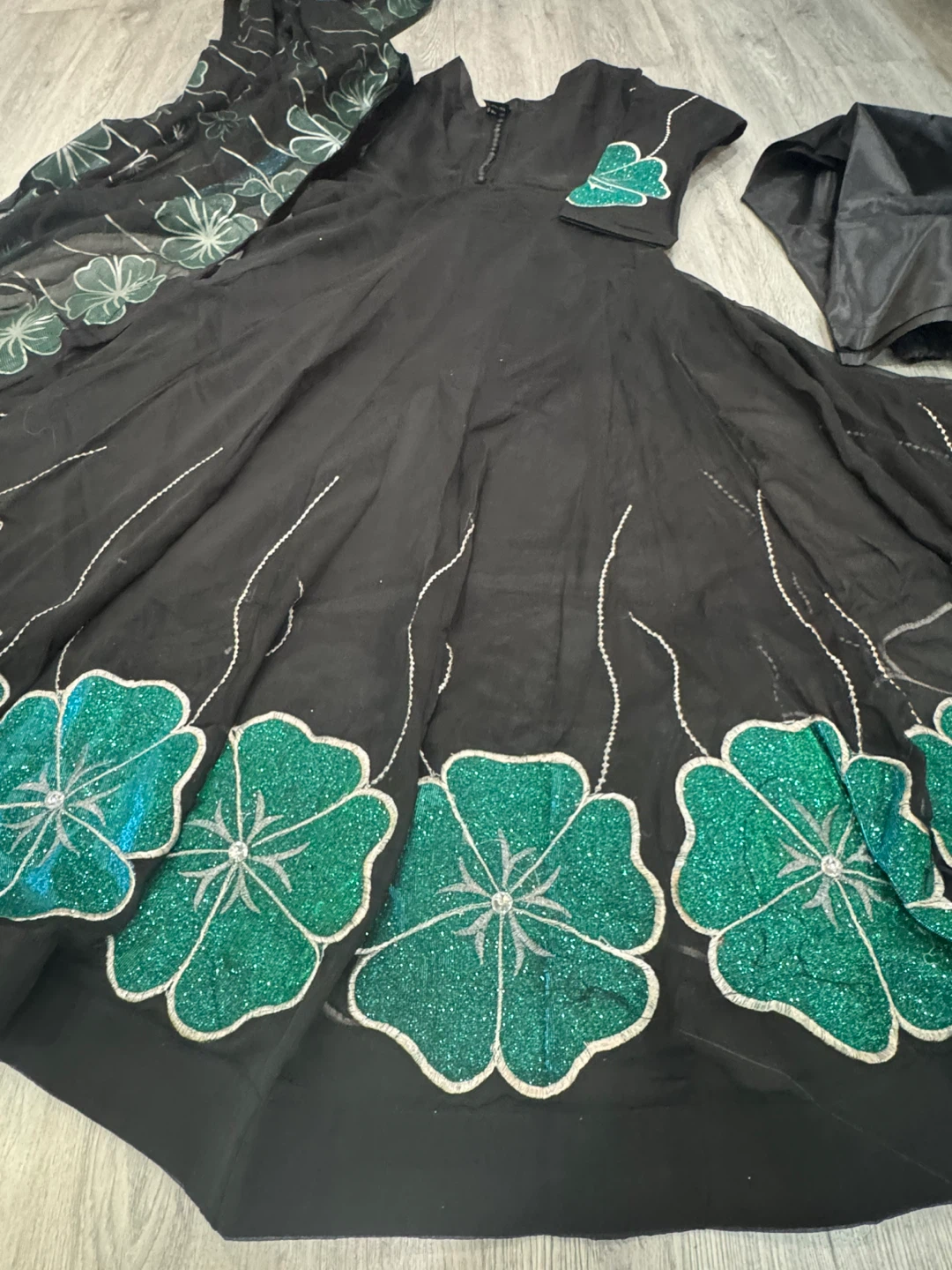 Black Anarkali Dress with Green Floral Embroidery - photo 5