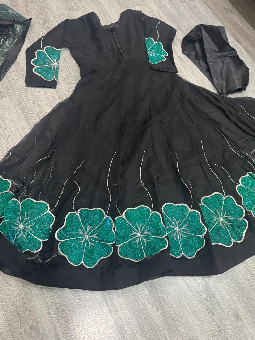Black Anarkali Dress with Green Floral Embroidery - photo 3