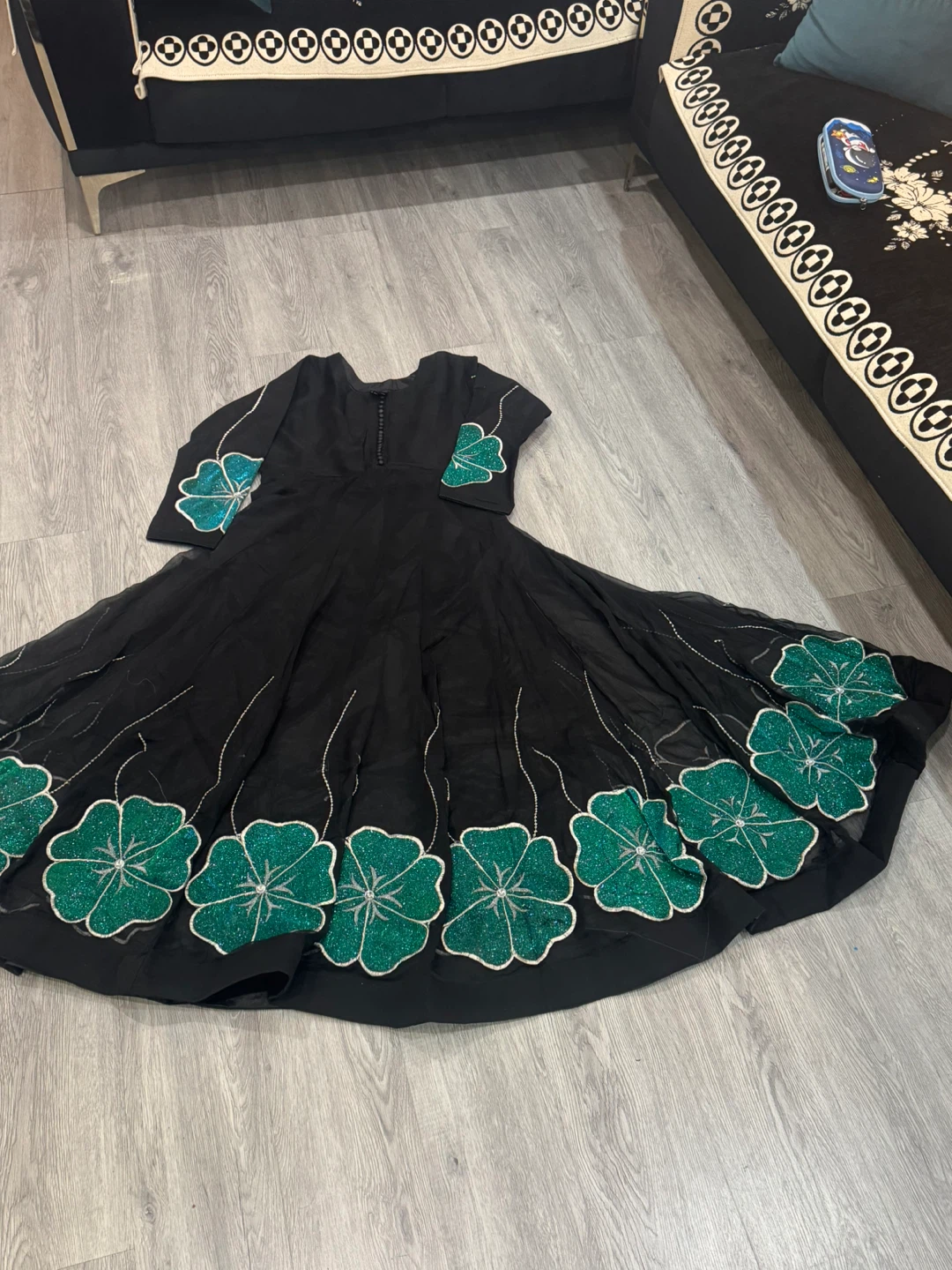Black Anarkali Dress with Green Floral Embroidery - photo 2