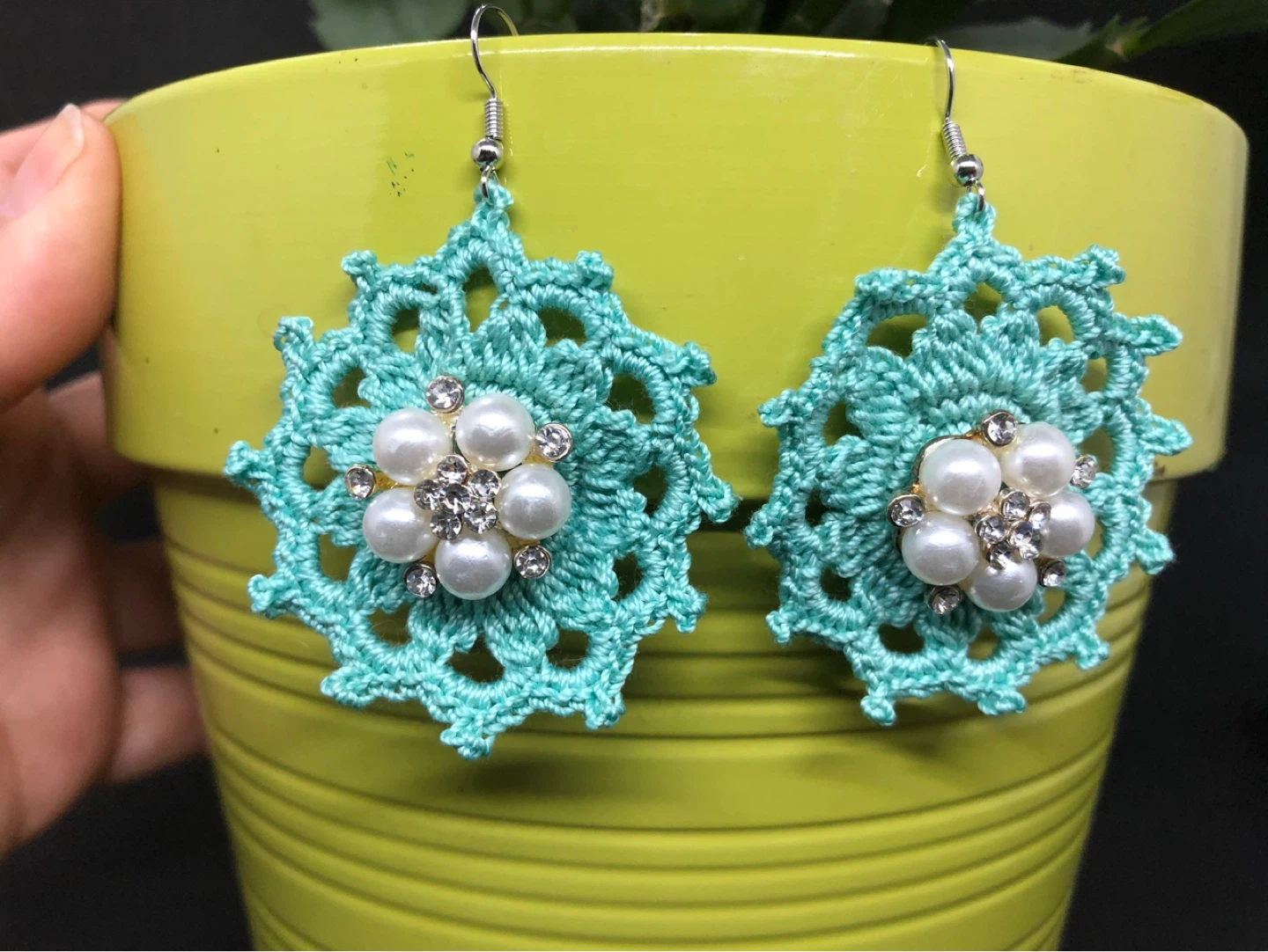 Teal Crochet Snowflake Earrings with Pearls and Rhinestones