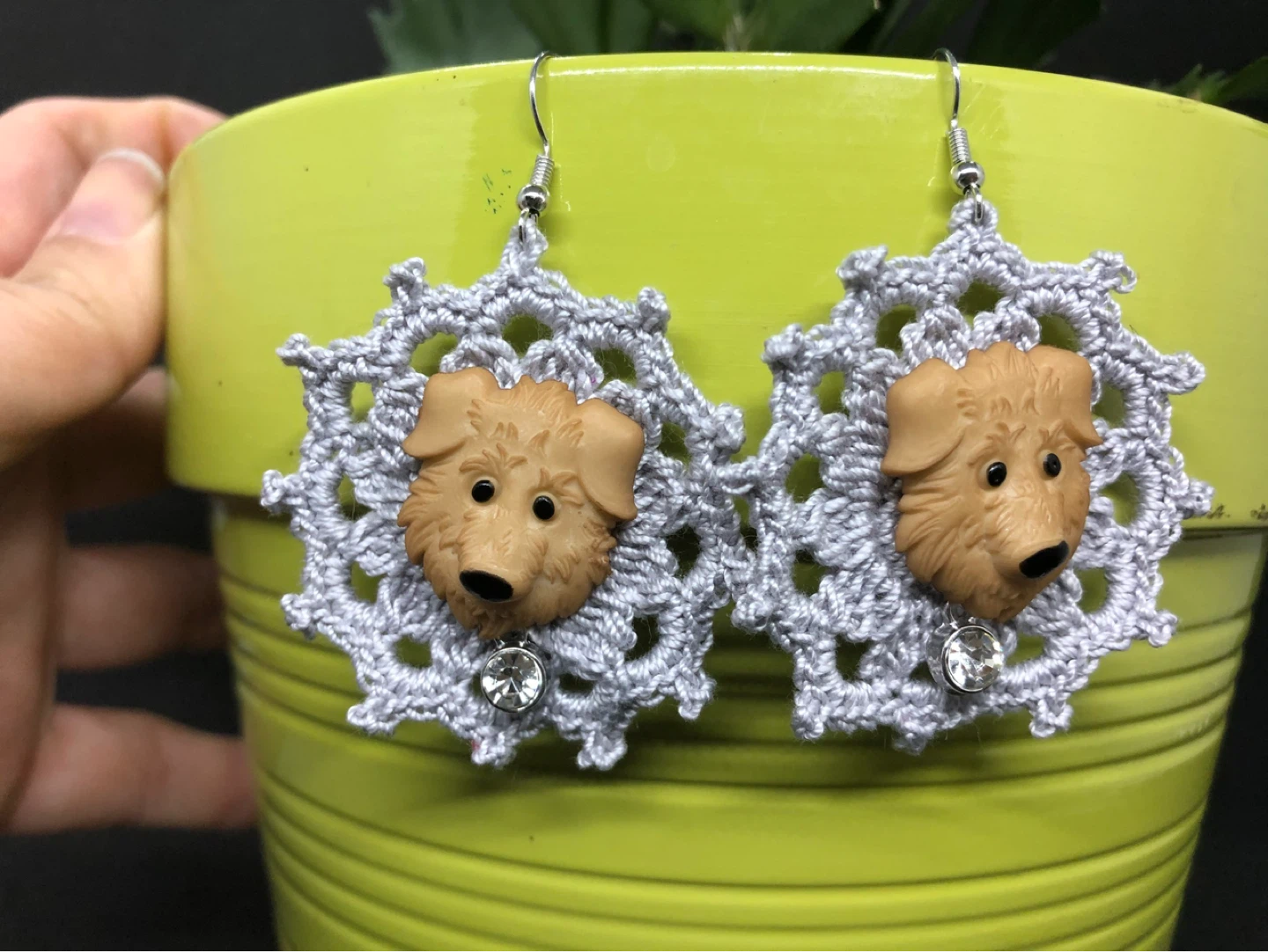 Crocheted Dog Earrings with Rhinestones