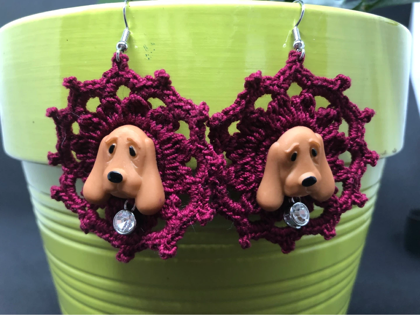 Handmade Crocheted Dog Earrings with Crystal Charm