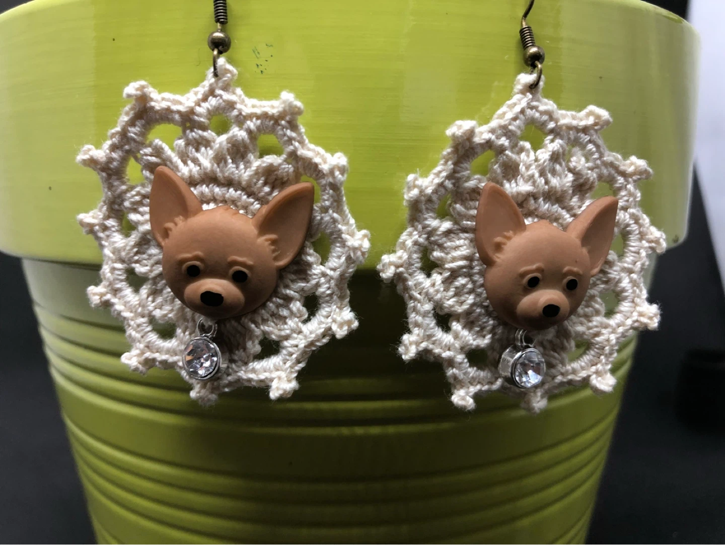 Crocheted Chihuahua Earrings with Rhinestone Charm