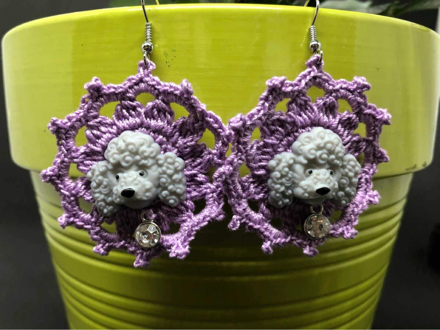 Purple Crochet Poodle Earrings with Rhinestones