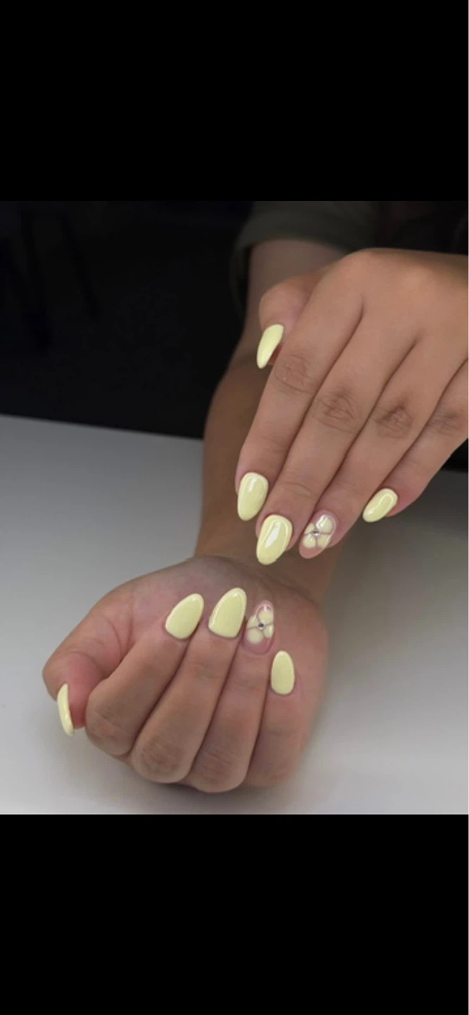 Yellow Almond Nails with Butterfly Design