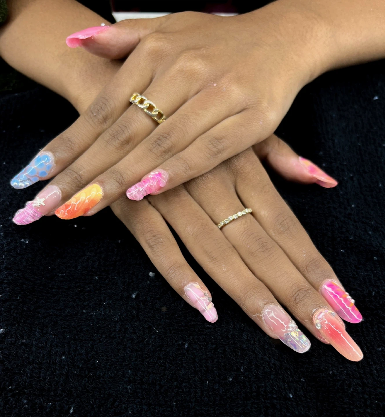 Press-on Nails - Long Coffin Shape - Pink, Orange, Blue Ombre