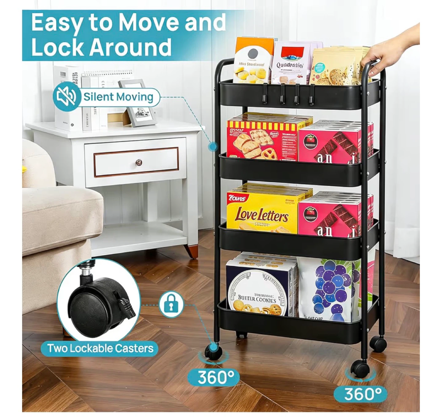 Black 4-Tier Rolling Storage Cart - photo 3