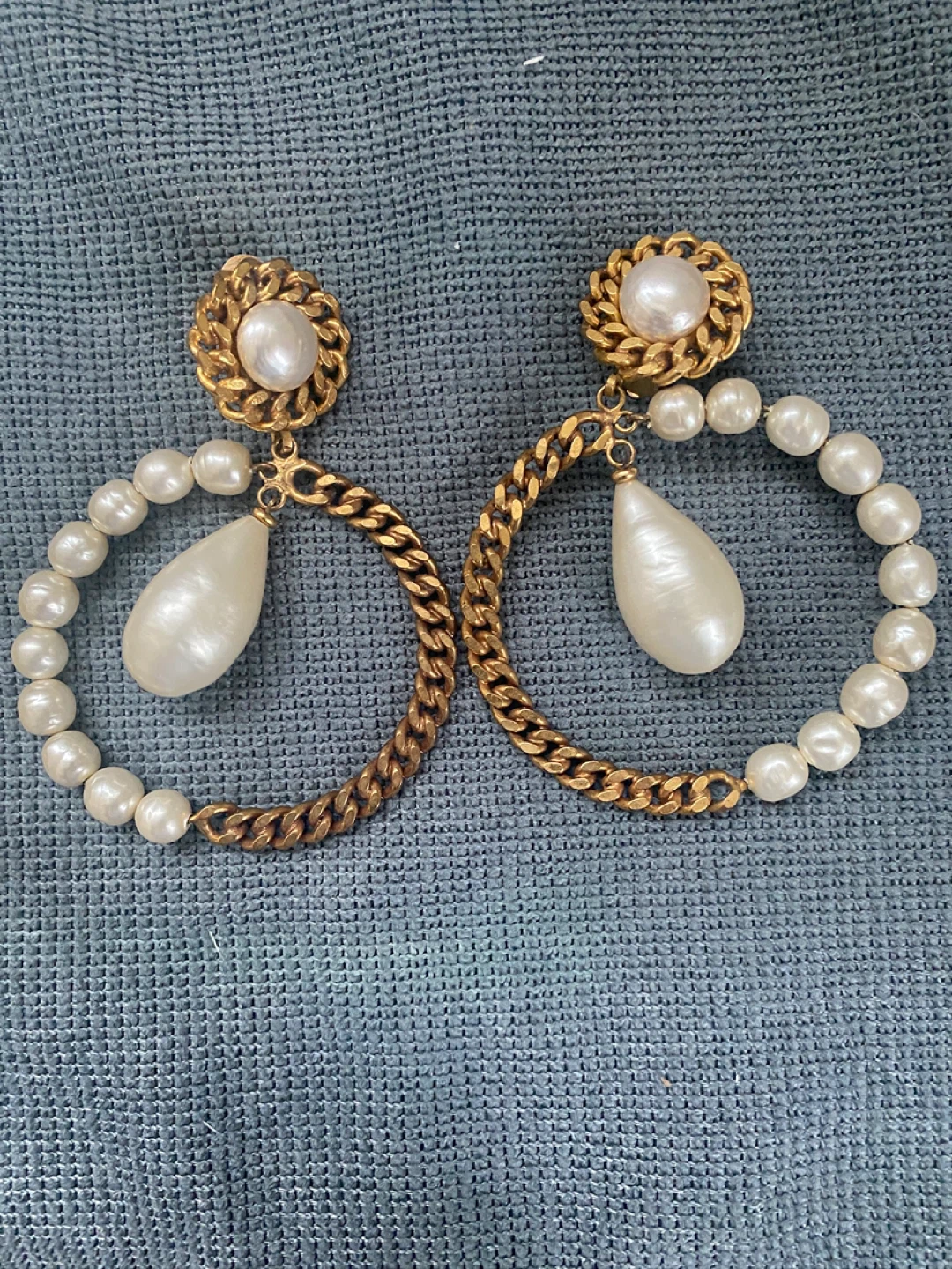 Chanel Vintage Pearl and Gold Chain Hoop Earrings
