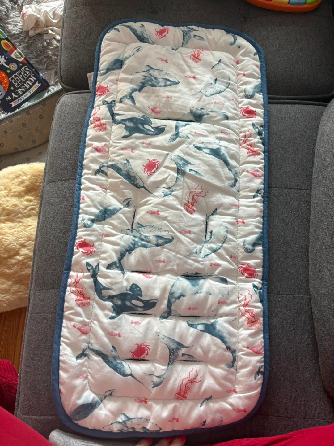 Blue Stroller Seat Liner with Whale and Crab Print