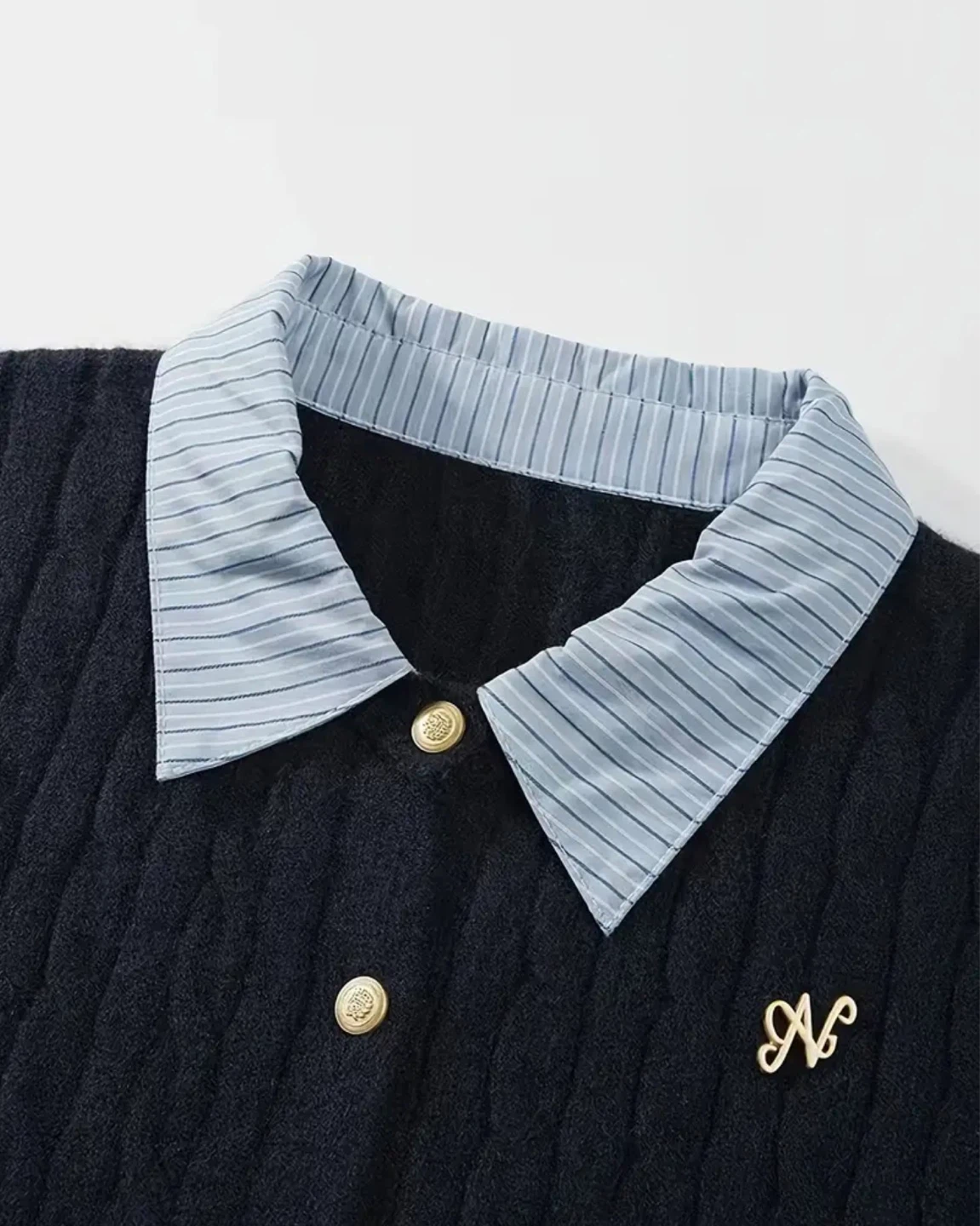 Nevy  blue Cropped Cardigan with Striped Collar and Cuffs - photo 2