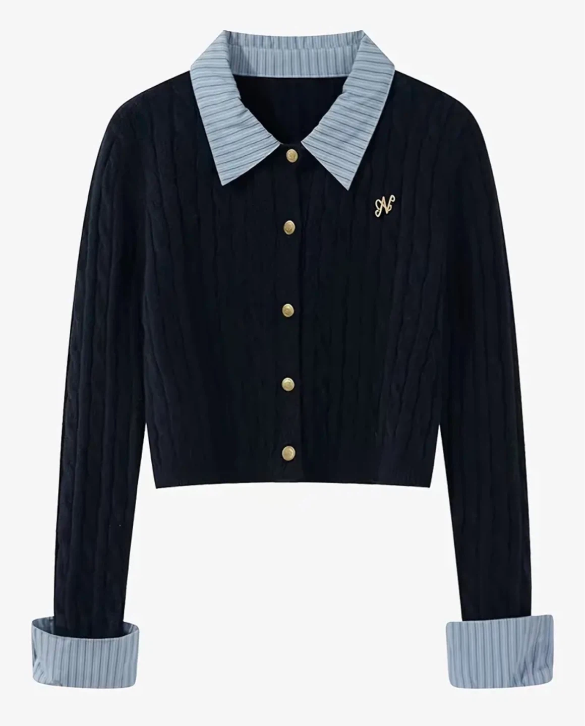 Nevy  blue Cropped Cardigan with Striped Collar and Cuffs