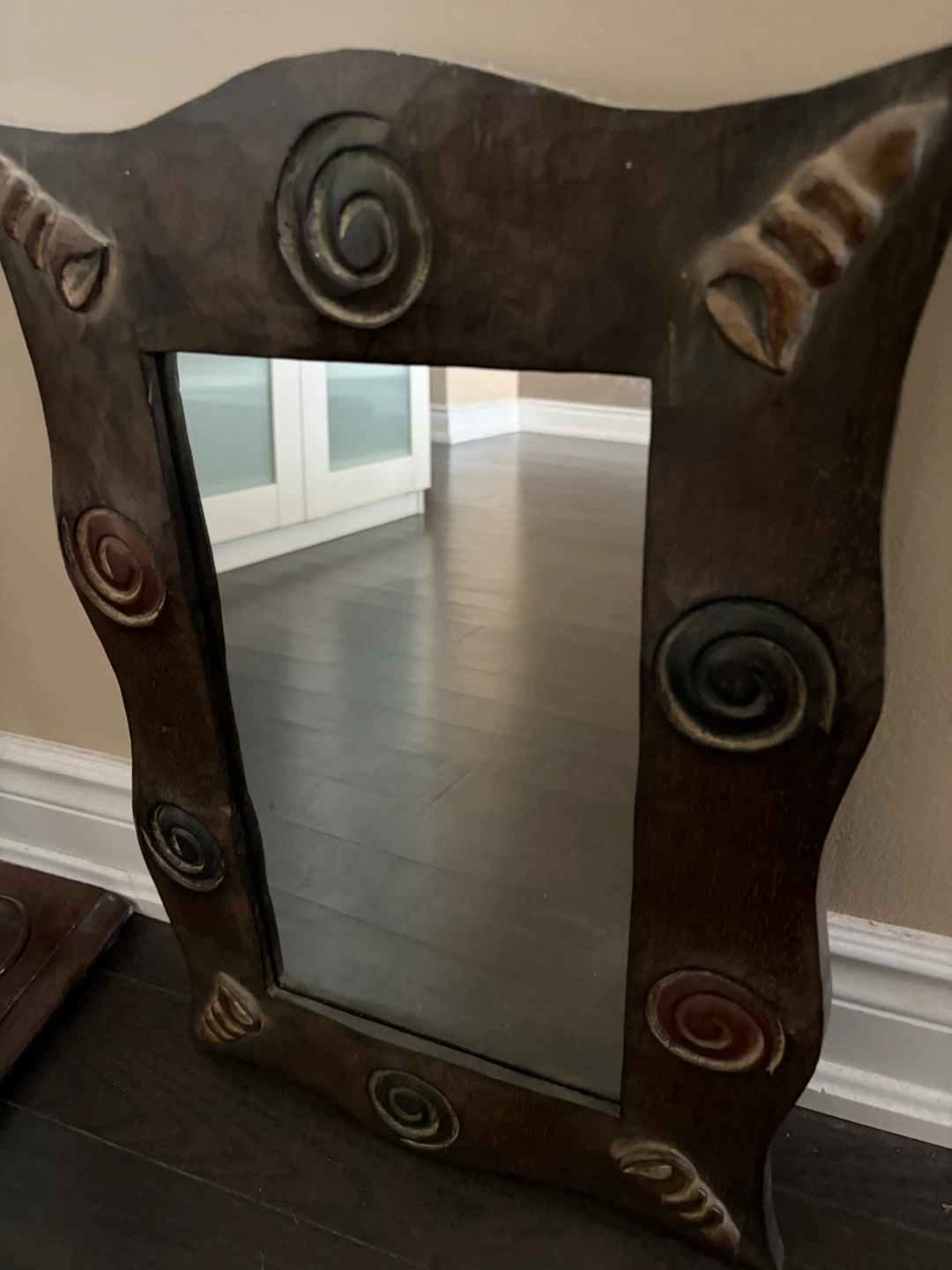 Hand Carved Wall Mirror with Swirl and Shell Accents